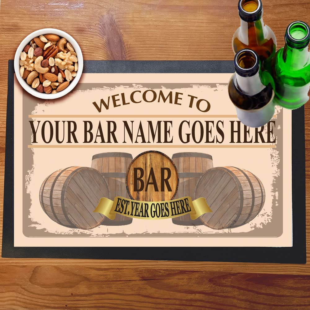 Rustic Wooden Barrels Bar Mat Runner with Non- Slip Rubber Back and Personalised Name with Home, Pub, Coffee Shop, Venue, Garden, Bar Gift