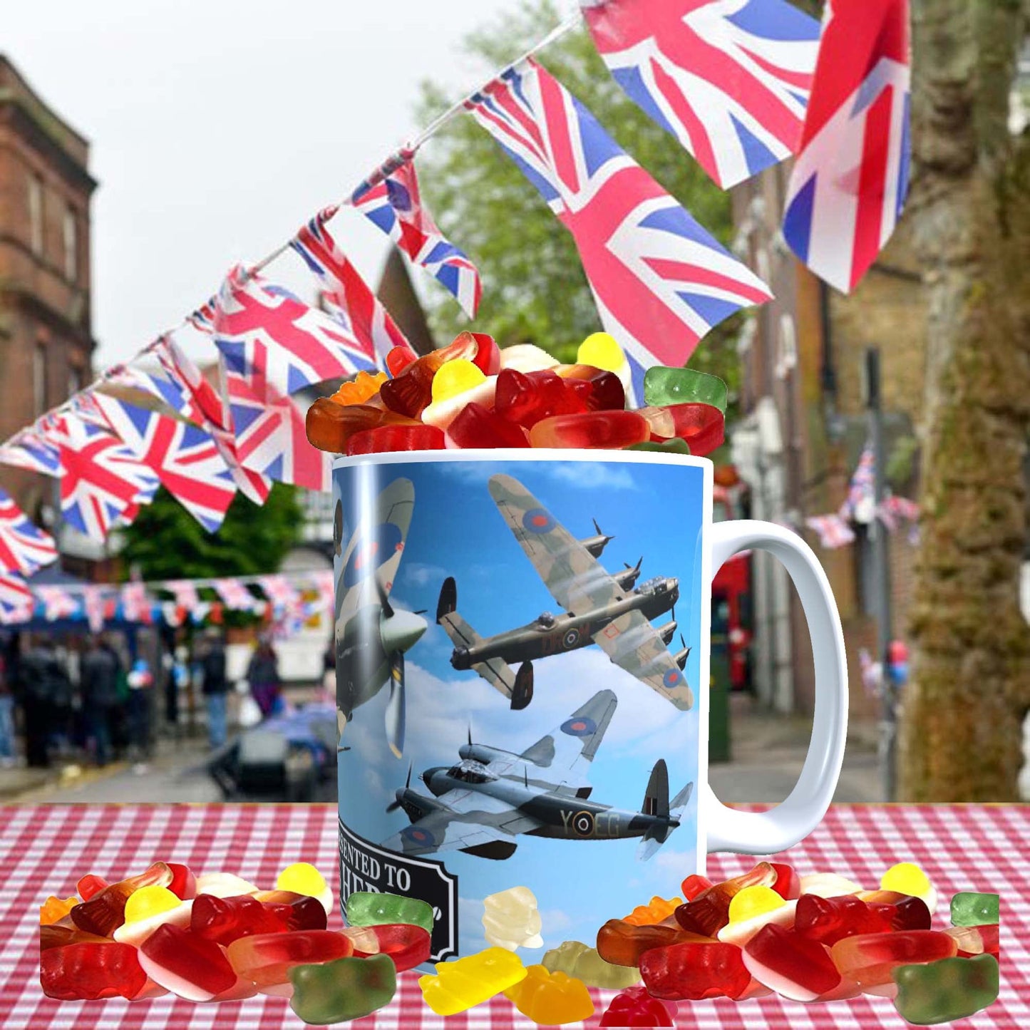 VE Day Battle of Britain WWII Iconic War Planes Spitfire Lancaster Personalised Mug with Choice of Sweets Gift