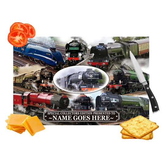 Classic Steam Locomotive Train Personalised Toughened Glass Heat Resistant Worktop Saver Cutting and Chopping Board Gift