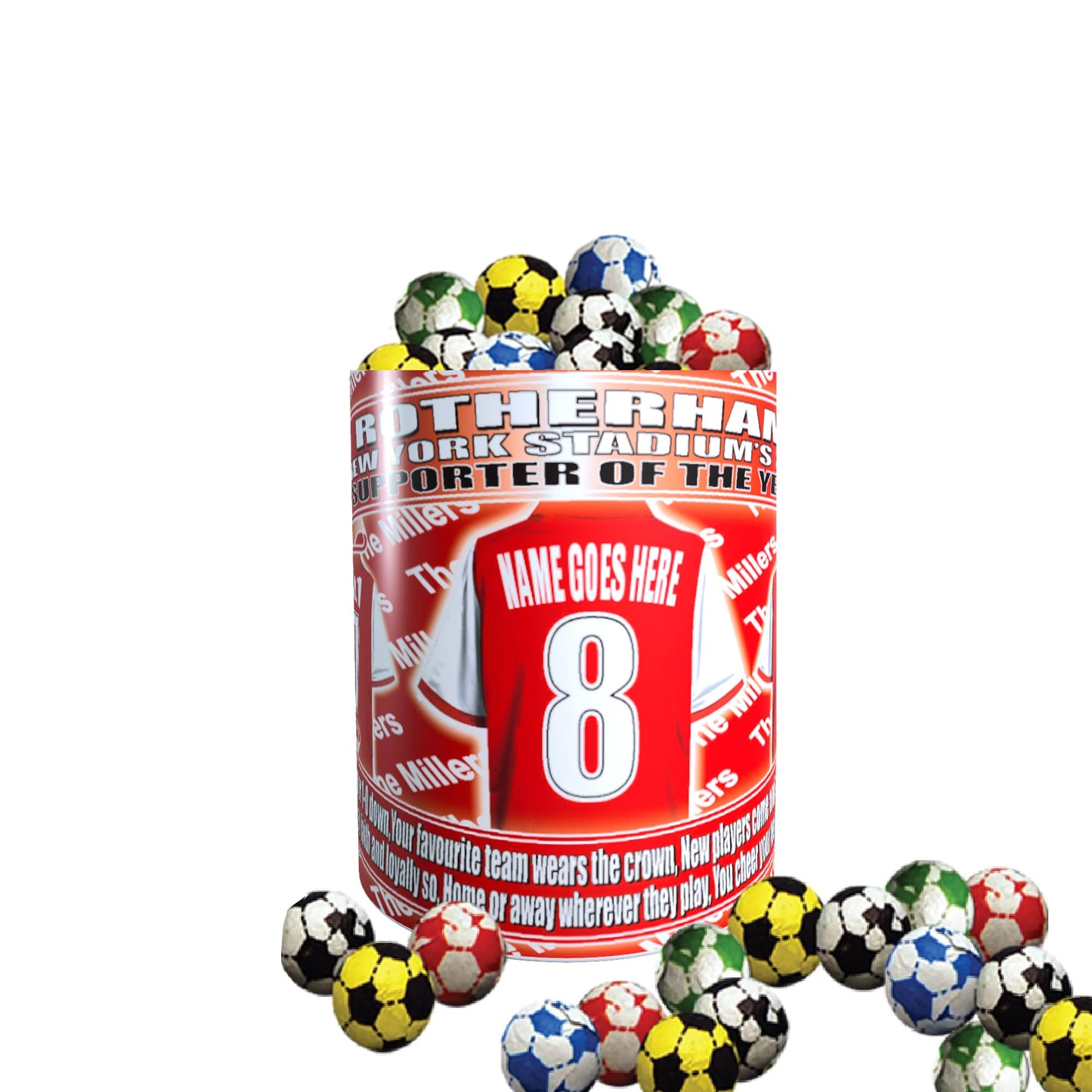Rotherham Football Team Shirt Personalised Mug Gift with Chocolate Footballs