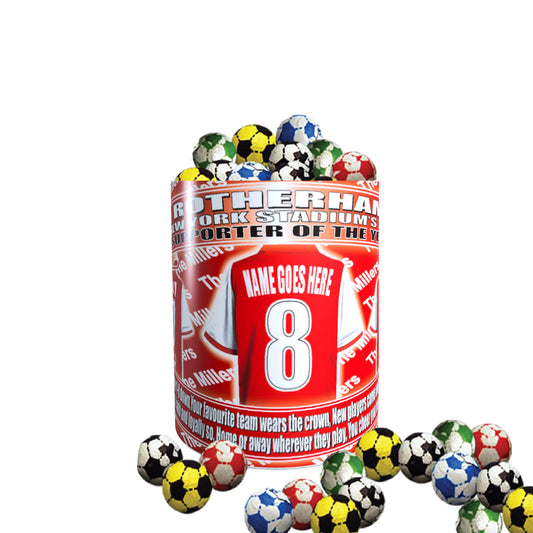 Rotherham Football Team Shirt Personalised Mug Gift with Chocolate Footballs
