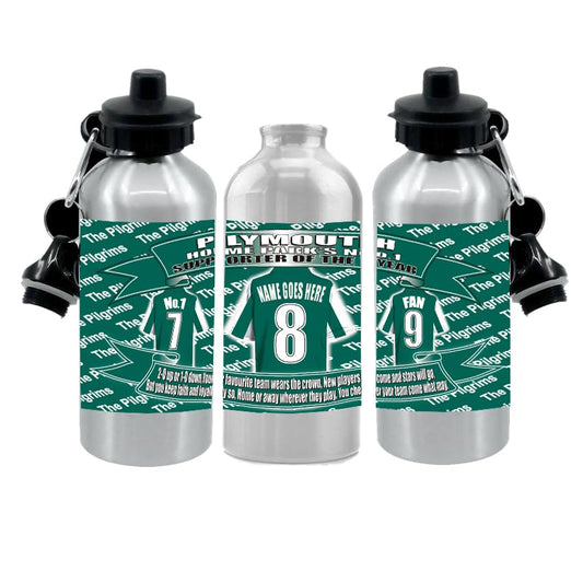 Plymouth Personalised Football Shirt Silver Aluminium Two Lid Unisex Water Bottle Gift