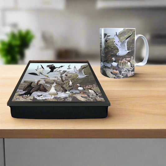 Mug and tray set with bird design on a white background