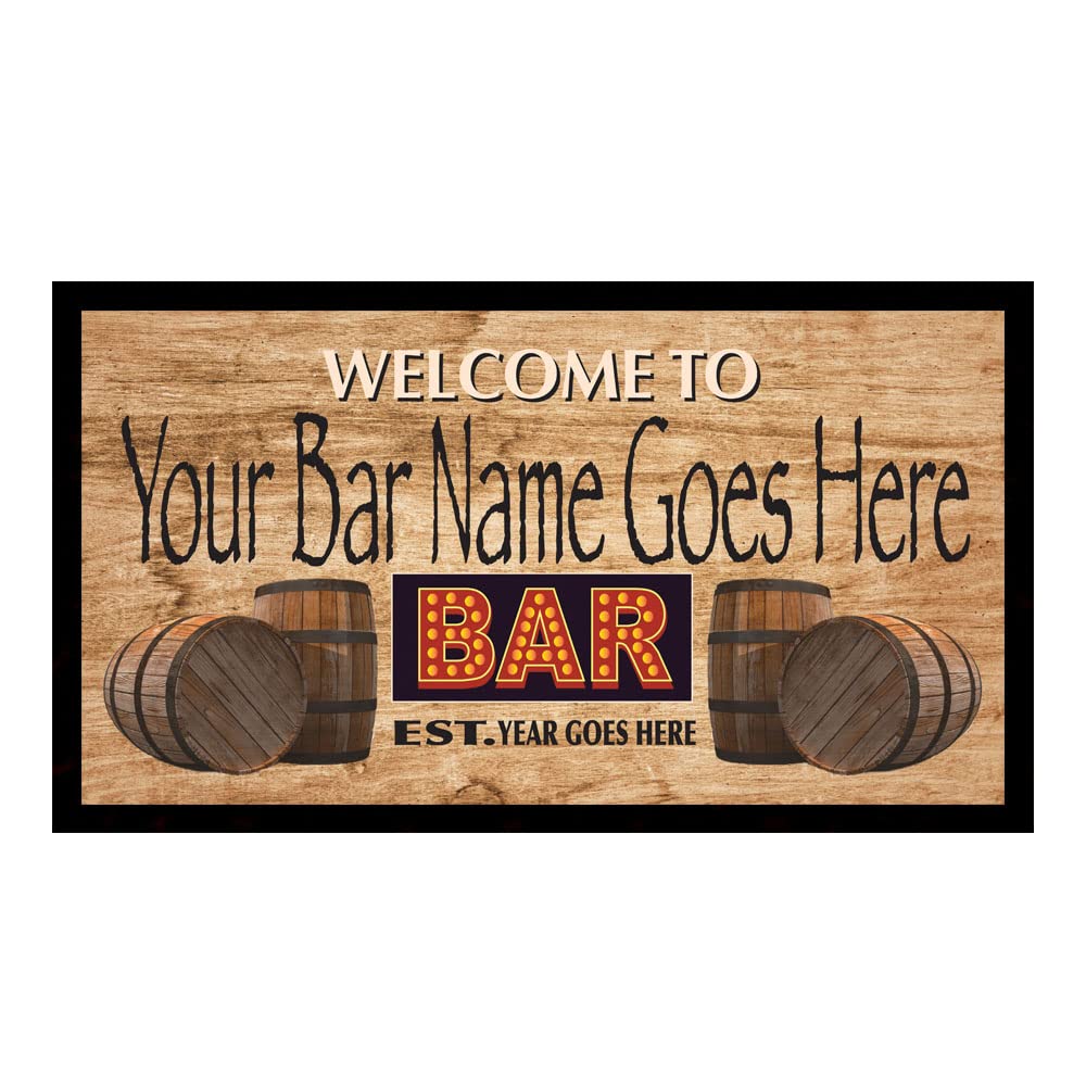 Welcome To Neon Style Text Bar Sign with Barrels to the Side Bar Mat Runner with Non- Slip Rubber Back and Personalised Name with Year Home, Pub, Coffee Shop, Venue, Garden, Bar Gift