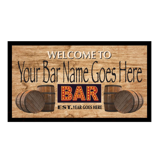 Welcome To Neon Style Text Bar Sign with Barrels to the Side Bar Mat Runner with Non- Slip Rubber Back and Personalised Name with Year Home, Pub, Coffee Shop, Venue, Garden, Bar Gift