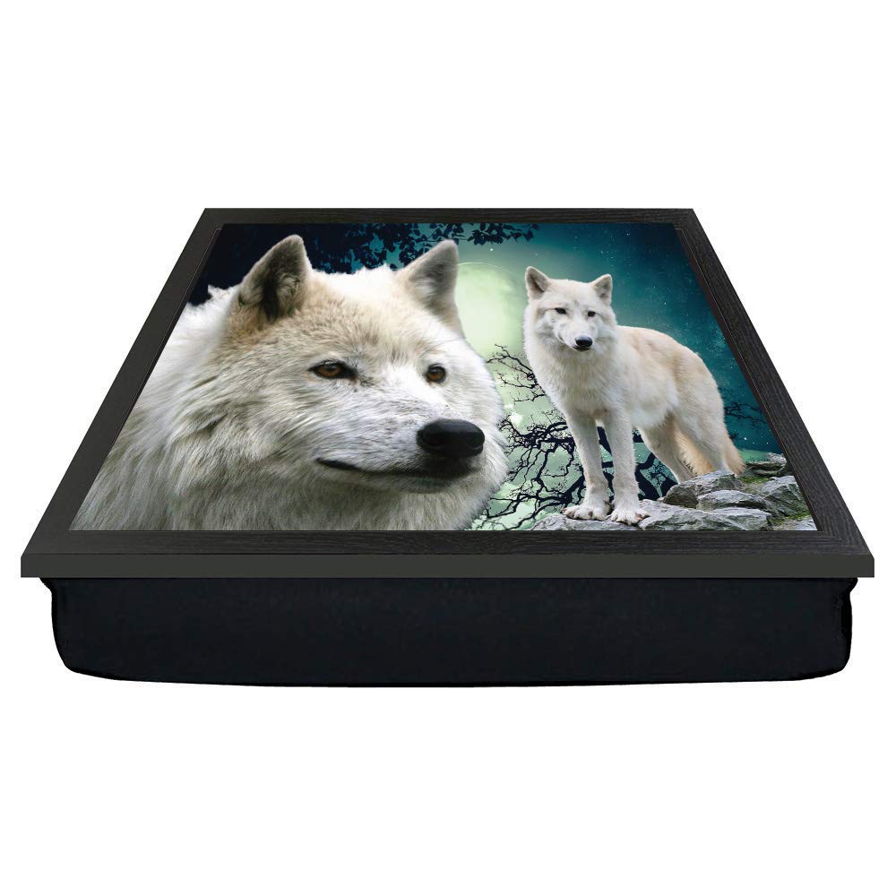 White Wolves Wolf on the rocks in a dark night time evening scene gift lap tray