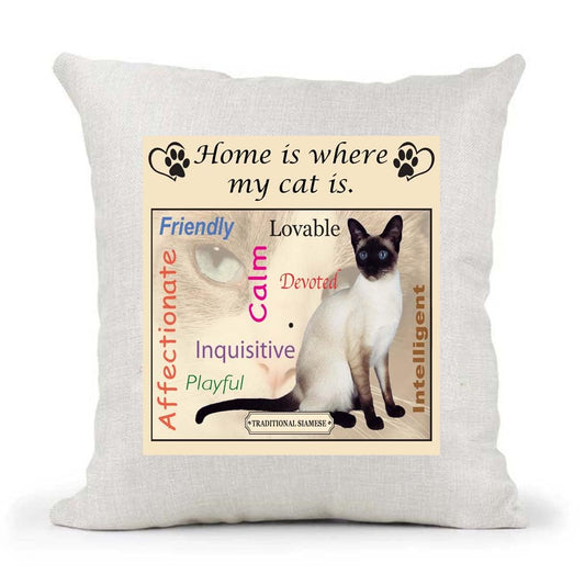 Traditional Siamese Breed Home is Where My Cat is Country Canvas Style Cushion Cover Gift