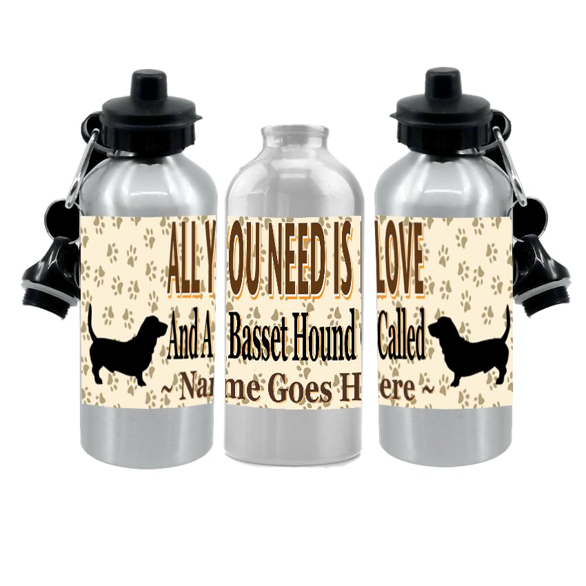 Personalised Basset Hound Water Bottle - All You Need Is Love - Silver Aluminium - Two Lids - Unisex Gift