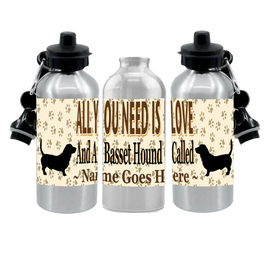 Personalised Basset Hound Water Bottle - All You Need Is Love - Silver Aluminium - Two Lids - Unisex Gift