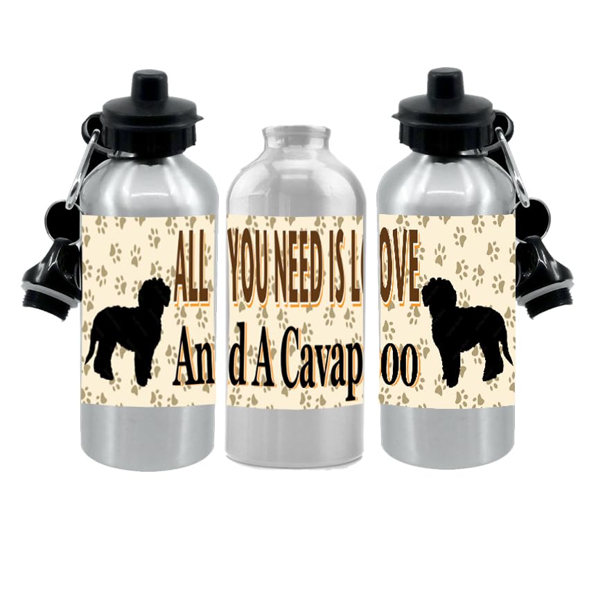 Cavapoo Water Bottle - All You Need Is Love - Silver Aluminium - Two Lids - Unisex Gift