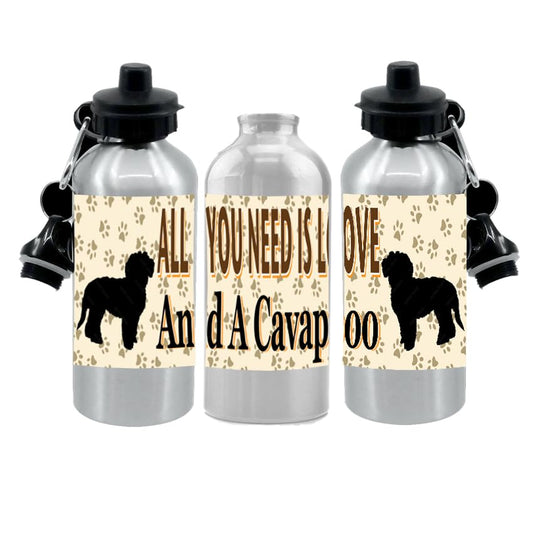 Cavapoo Water Bottle - All You Need Is Love - Silver Aluminium - Two Lids - Unisex Gift