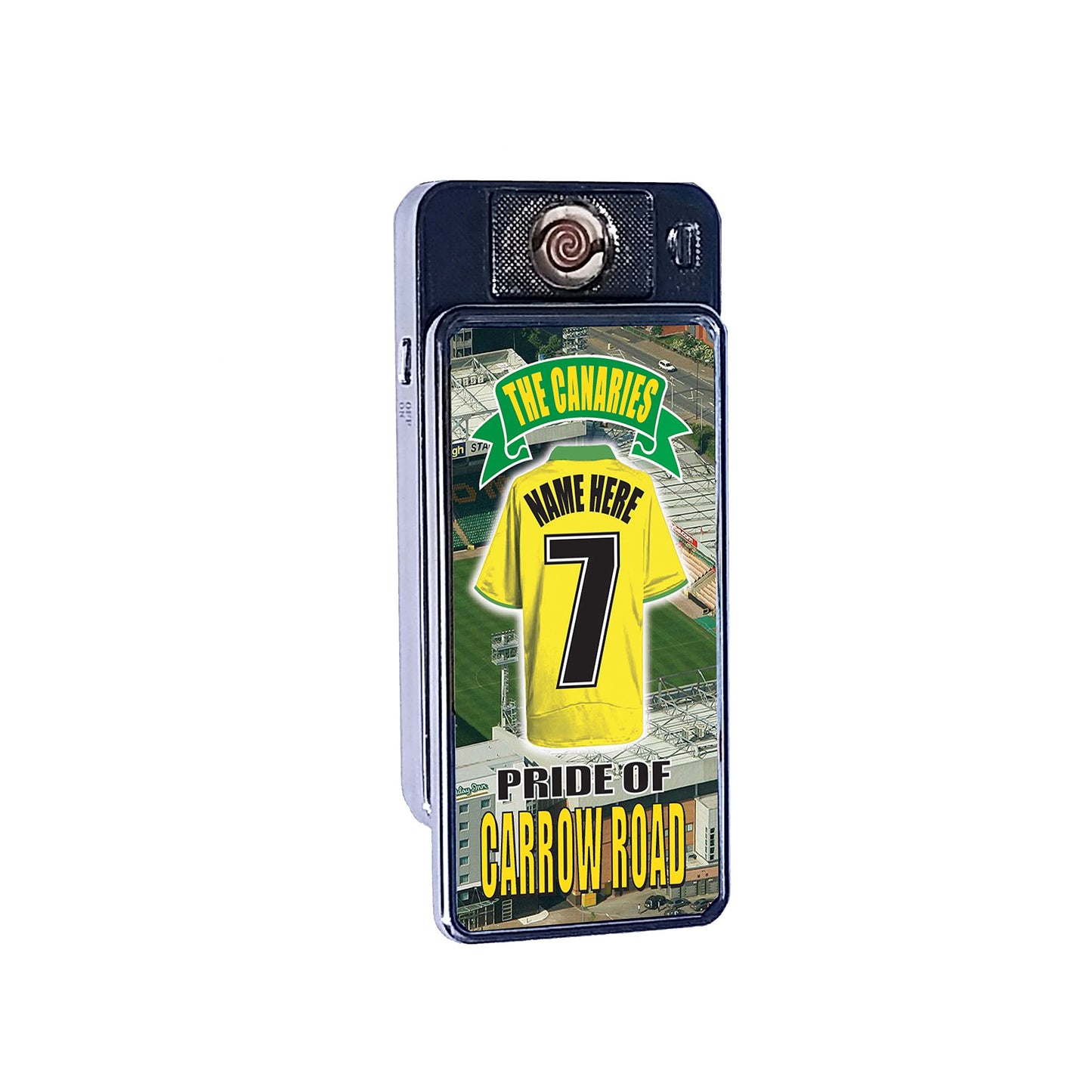 Norwich Personalised Football Shirt Rechargeable Gift Boxed Silver Metal USB Lighter