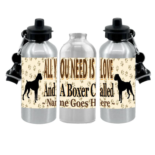 Personalised Boxer Water Bottle - All You Need Is Love - Silver Aluminium - Two Lids - Unisex Gift