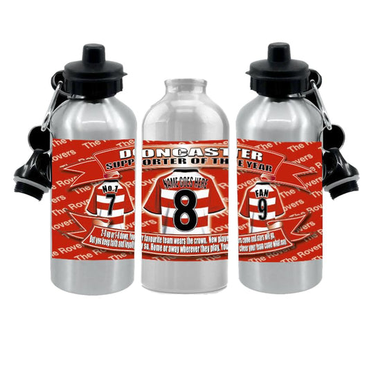 Doncaster Personalised Football Shirt Silver Aluminium Two Lid Unisex Water Bottle Gift