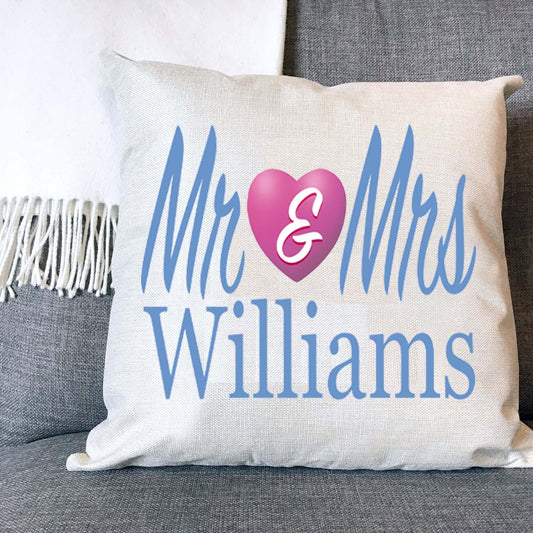 Mr & Mrs Personalised Naturally Woven Linen Style Cushion Cover Pillow Gift Available in Choice Of Print Colours Available