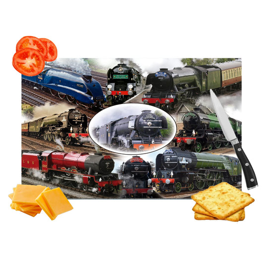 Classic Steam Locomotive Train Toughened Glass Heat Resistant Worktop Saver Cutting and Chopping Board Gift