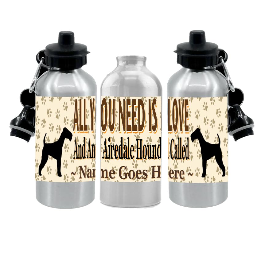 Personalised Airedale Water Bottle - All You Need Is Love - Silver Aluminium - Two Lids - Unisex Gift