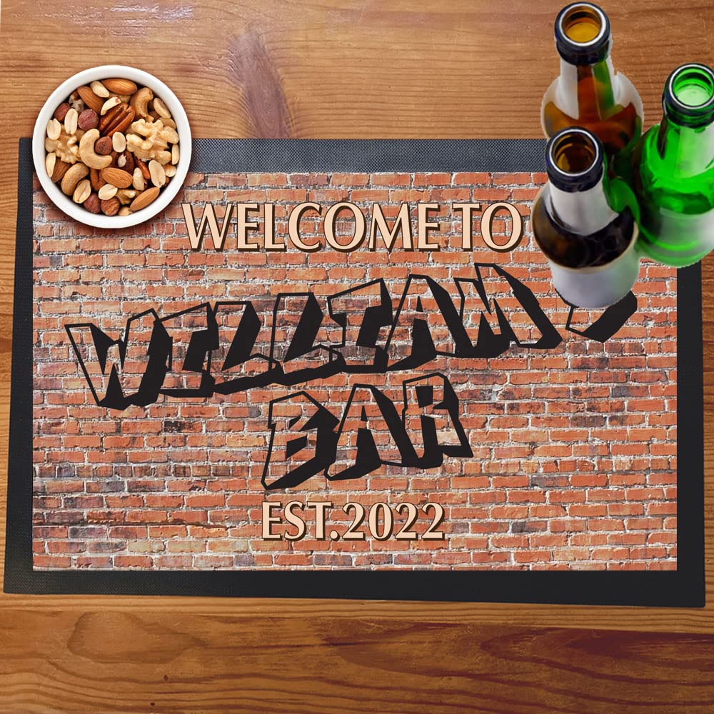 Graffiti Brick Wall Bar Mat Runner with Non- Slip Rubber Back and Personalised Name and Year Home, Pub, Coffee Shop, Venue, Garden, Bar Gift