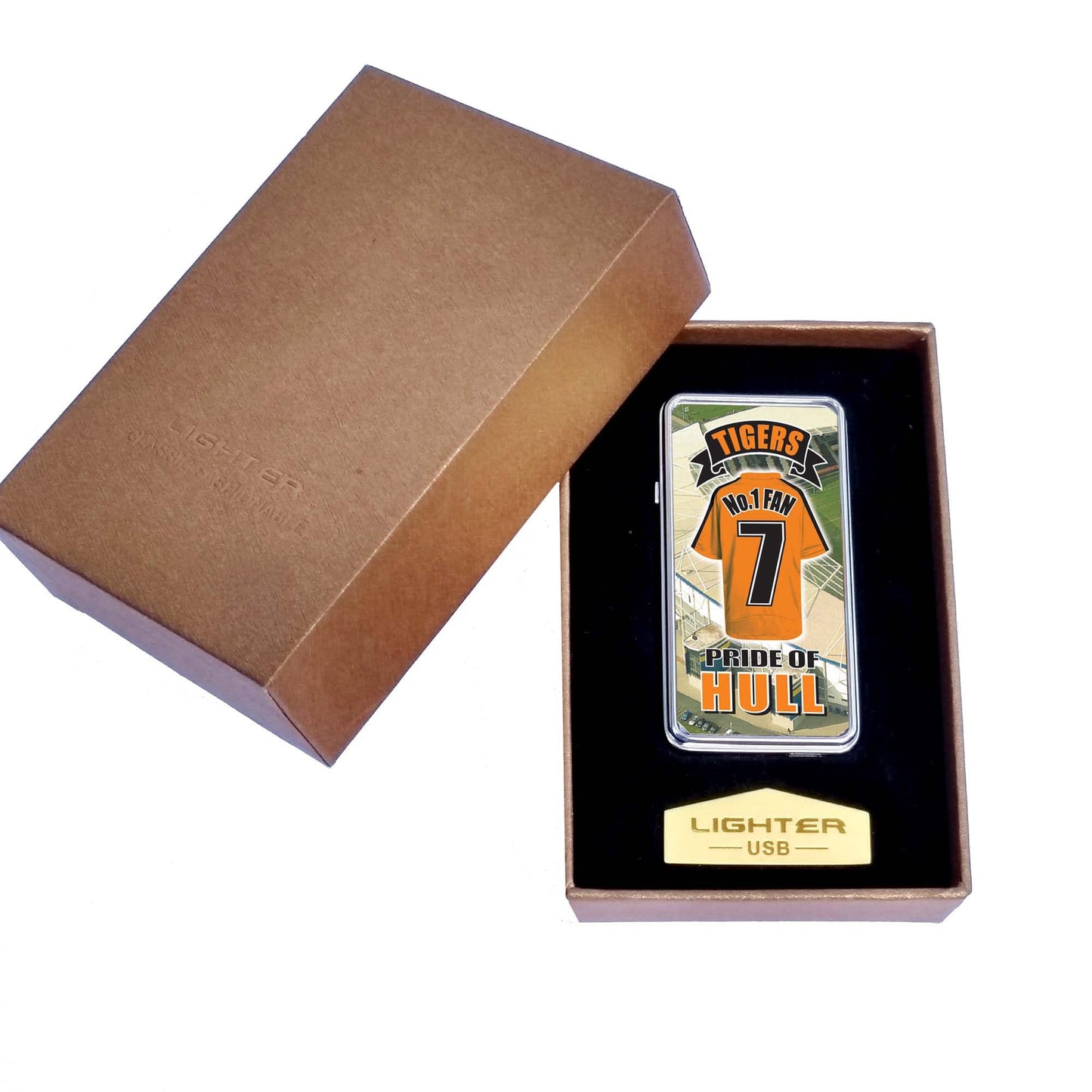 Hull The Tigers No.1 Fan Football Shirt Rechargeable Gift Boxed Silver Metal USB Lighter