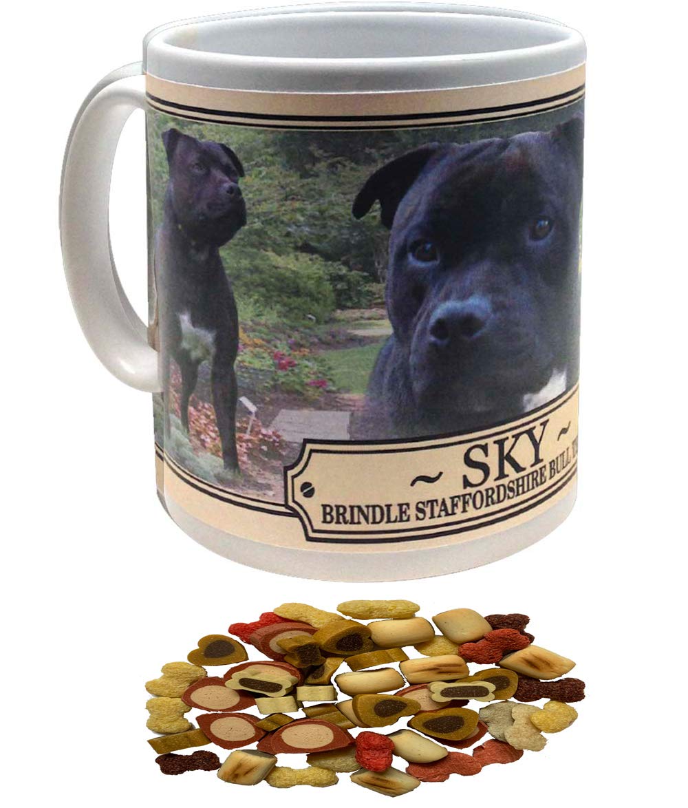 Brindle Staffordshire Bull Terrier Personalised Dog Breed Gift Mug with Treats
