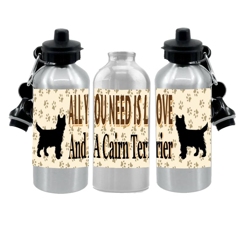 Cairn Terrier Water Bottle - All You Need Is Love - Silver Aluminium - Two Lids - Unisex Gift
