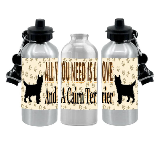 Cairn Terrier Water Bottle - All You Need Is Love - Silver Aluminium - Two Lids - Unisex Gift