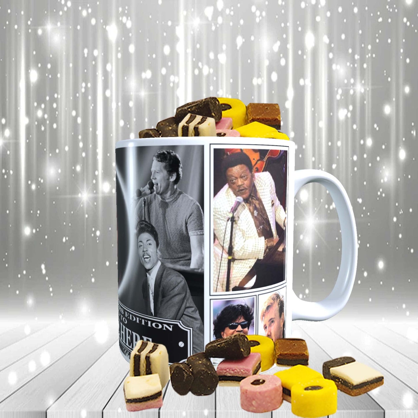 Rock n Roll Greats of 50s & 60s Personalised Music Icon Mug with Choice of Sweets Gift