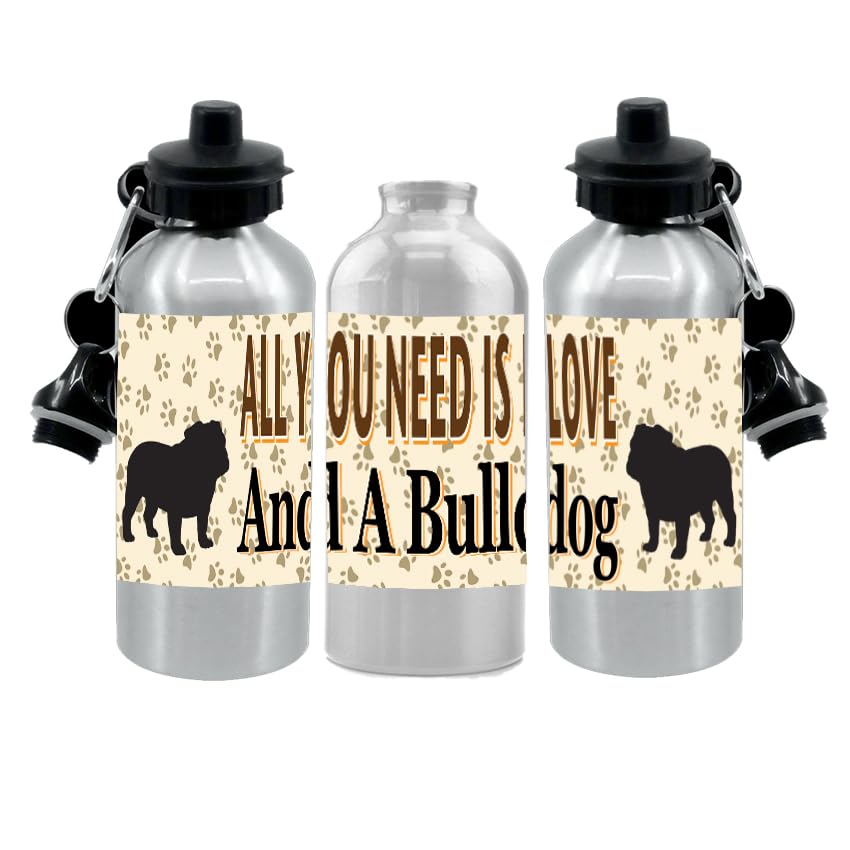 Bulldog Water Bottle - All You Need Is Love - Silver Aluminium - Two Lids - Unisex Gift
