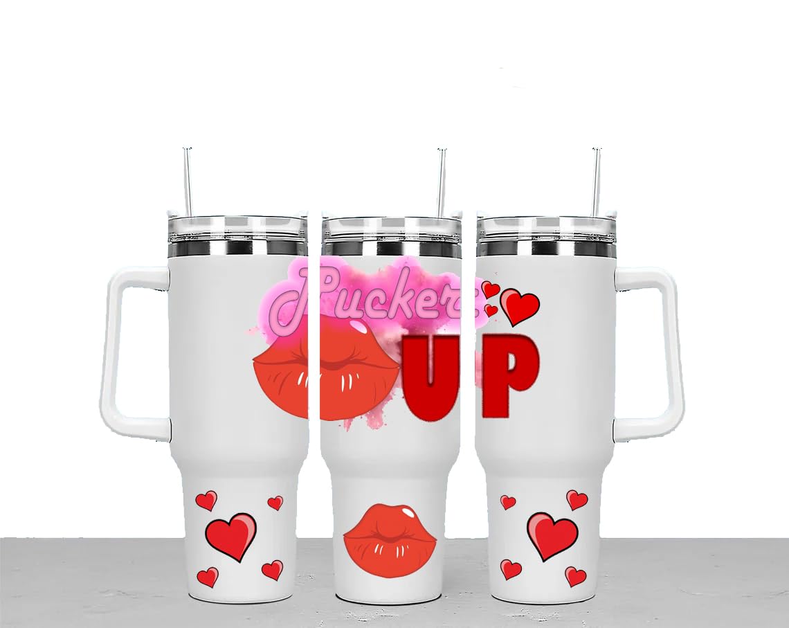 Pucker Up Large Unisex 40oz Stainless Steel Travel Cup Tumbler Gift with Carry Handle, Lid and Straw