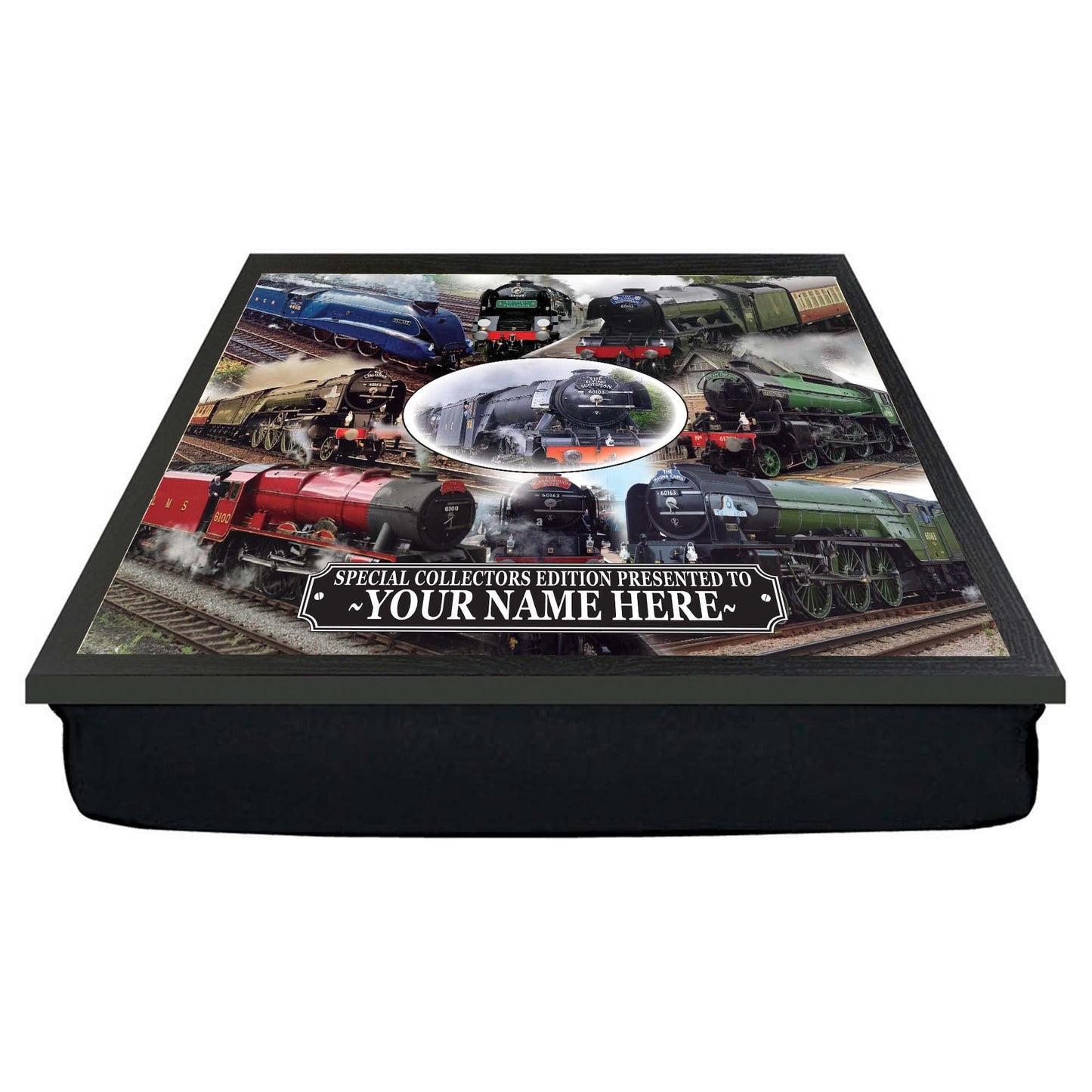 Classic Steam Train Lap Tray with Cushioned Base – Vintage Locomotive Design – Wipe-Clean Surface – Personalised Gift for Train Enthusiasts
