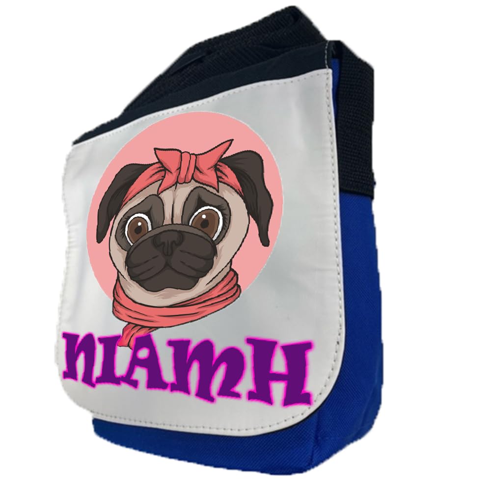 Kids Childrens Personalised Name Pug School Messenger Bag (Blue)