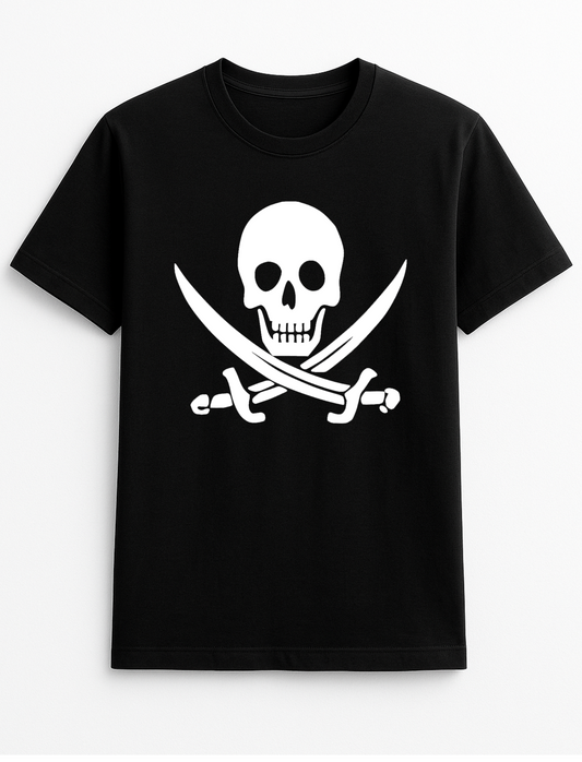 Jolly Roger Pirate Skull and Crossed Swords Slogan Funny Humour Slogan Personalised Colours Unisex T-Shirt Gift Black