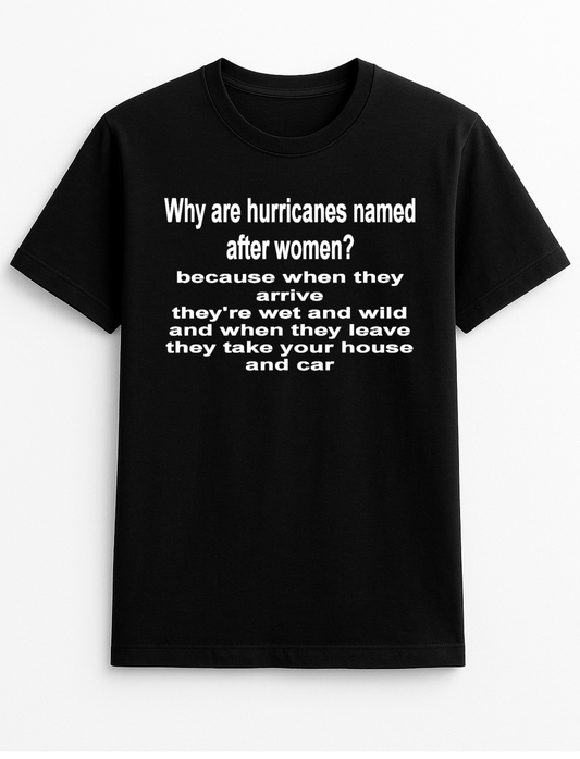 Why are Hurricanes Named After Women. Slogan Funny Humour Slogan Personalised Colours Unisex T-Shirt Gift Black, S-XXL