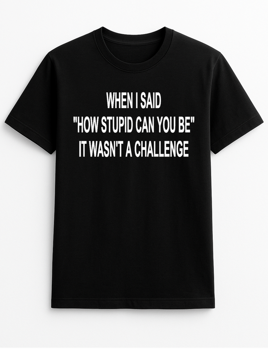 When I Said How Stupid Can You Be it Wasn't a Challenge Funny Humourous Slogan Personalised Colours Unisex T-Shirt Gift Black