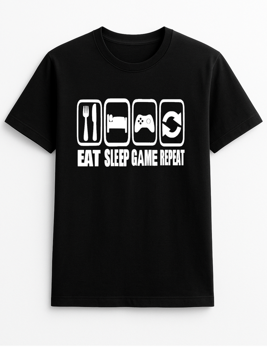 Eat Sleep Game Repeat Humorous Funny Personalised Slogan Unisex T-Shirt Gift Black