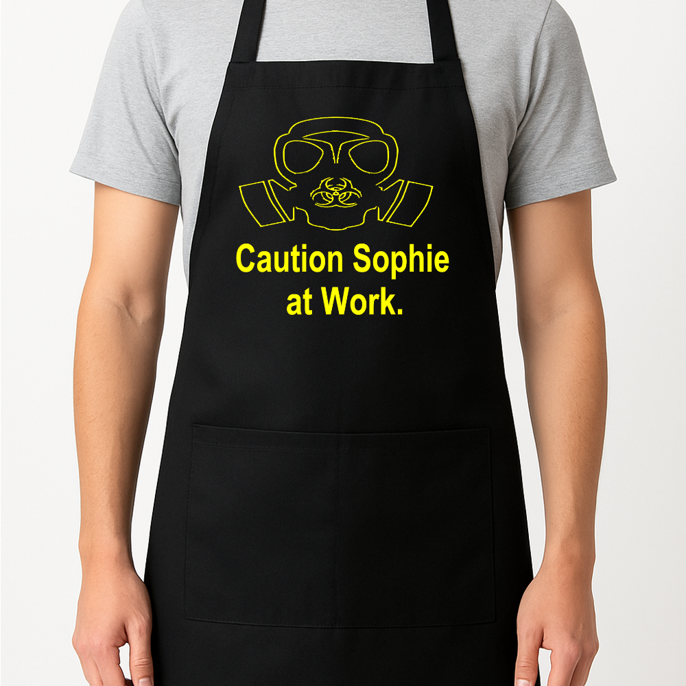 Caution (Your Name) At Work Toxic Gas Mask Personalised Apron Gift Present BBQ Barbecue