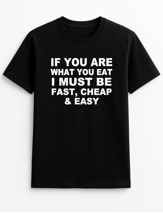 If You are What You Eat I Must Be Fast Cheap & Easy Humorous Funny Novelty Personalised Colours Slogan Unisex T-Shirt Top Tee Gift Black