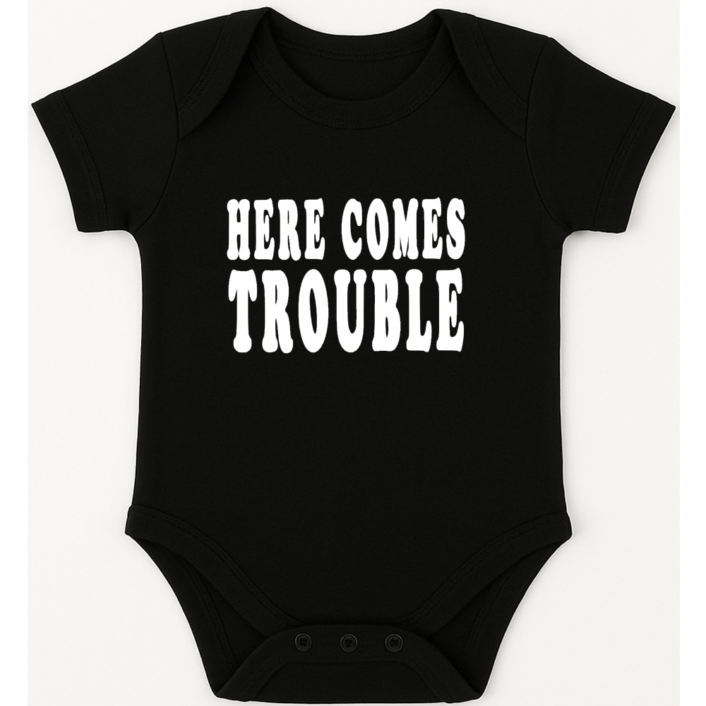 Here Comes Trouble funny, novelty, baby suit, baby grow, christening gift