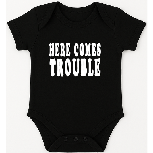 Here Comes Trouble funny, novelty, baby suit, baby grow, christening gift