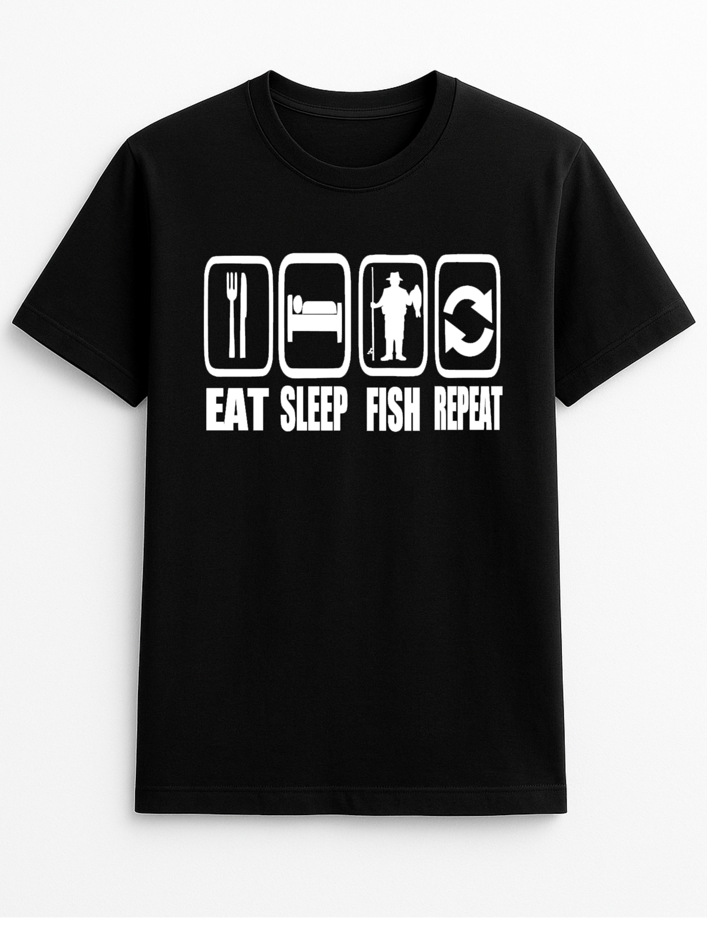 Eat Sleep Fish Repeat Humorous Funny Personalised Slogan Unisex T-Shirt Gift Black
