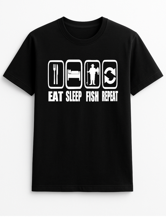 Eat Sleep Fish Repeat Humorous Funny Personalised Slogan Unisex T-Shirt Gift Black