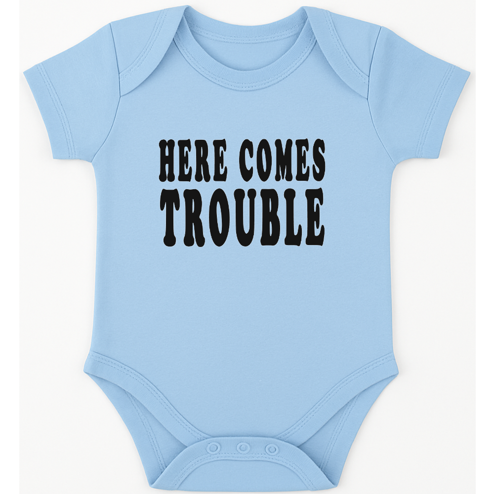 Here Comes Trouble funny, novelty, baby suit, baby grow, christening gift
