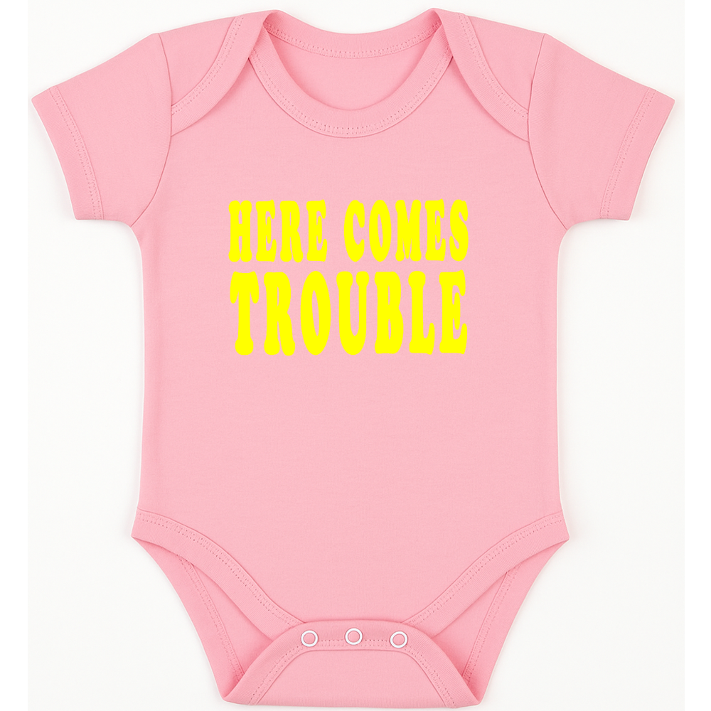 Here Comes Trouble funny, novelty, baby suit, baby grow, christening gift
