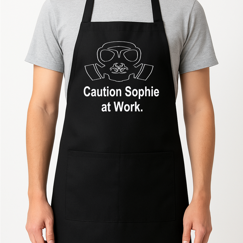 Caution (Your Name) At Work Toxic Gas Mask Personalised Apron Gift Present BBQ Barbecue