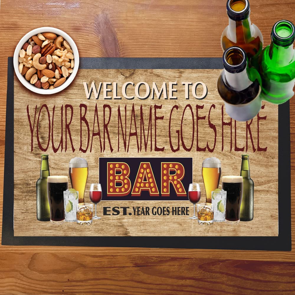 Welcome To Neon Style Text Bar Sign with Drinks Bar Mat Runner with Non- Slip Rubber Back and Personalised Name with Year - Home, Pub, Coffee Shop, Venue, Garden, Bar Gift