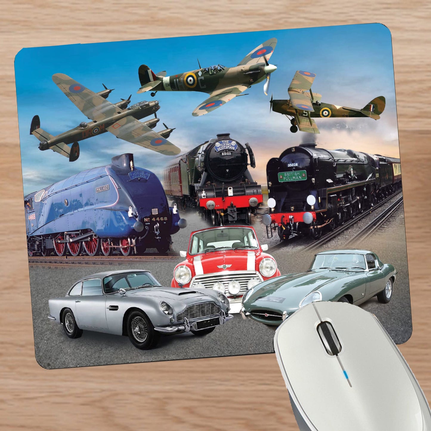 Planes Trains and Automobiles Classic Car & Transport Icons Mouse Mat Gift
