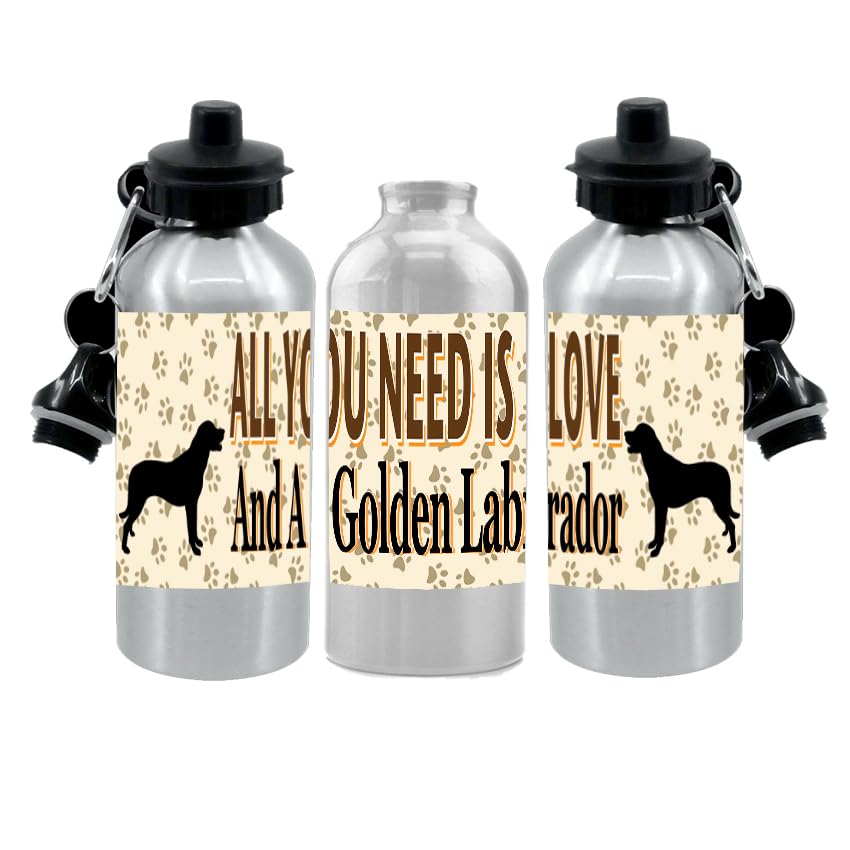 Golden Labrador Water Bottle - All You Need Is Love - Silver Aluminium - Two Lids - Unisex Gift