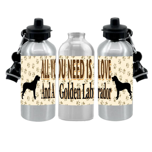 Golden Labrador Water Bottle - All You Need Is Love - Silver Aluminium - Two Lids - Unisex Gift