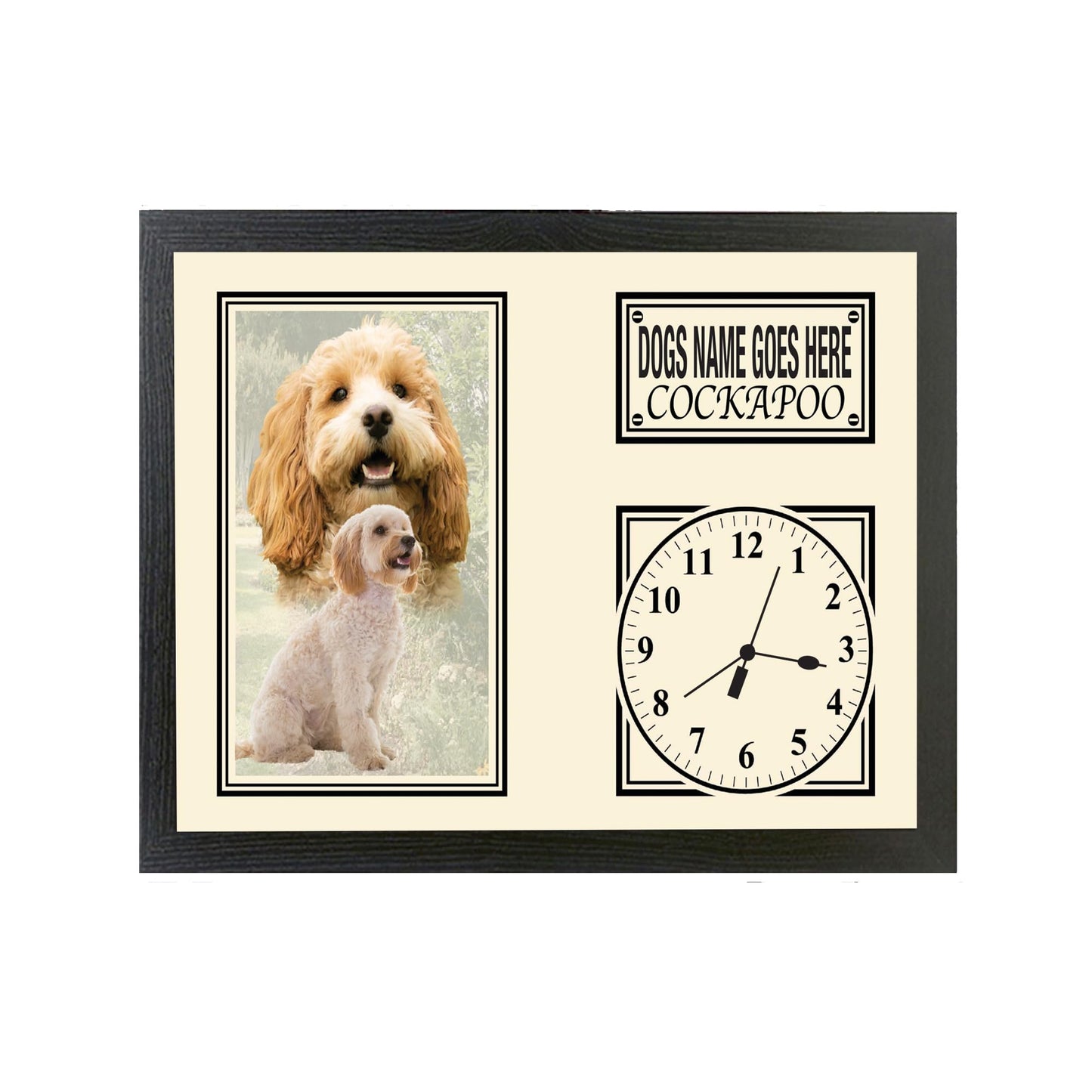 Cockapoo Personalised with Your Dog's Name Dog Breed Gift A4 Black Cream Wall Mounted Battery Clock