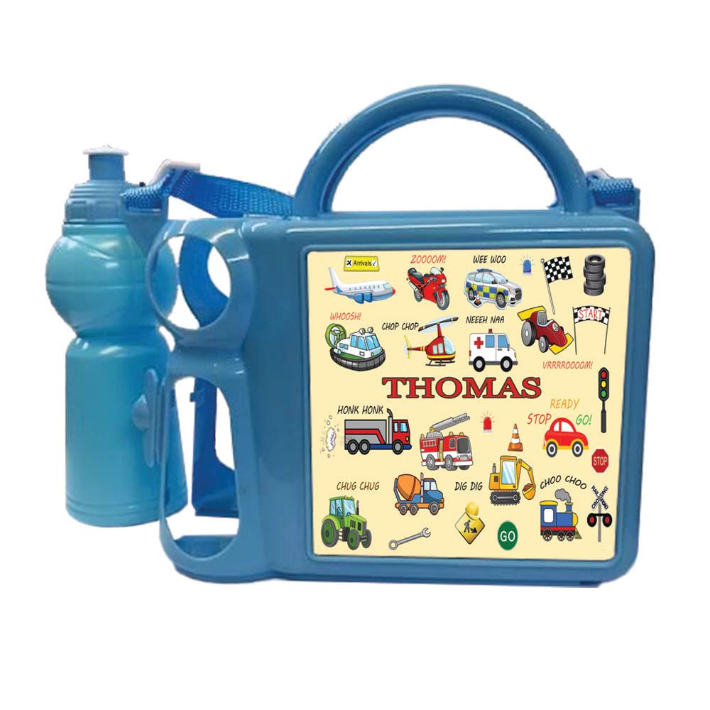 Junior Fun Cartoon Personalised Vehicles Design Plastic Lunch Box and Water Bottle Back to School Gift Set Available in Choice of 2 Colours